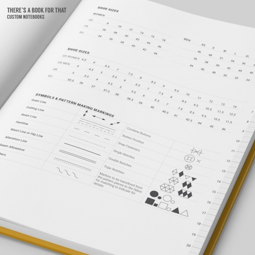 This fashion design notebook features female/male/kid mannequins space for notes, color and textile samples measurement charts and symbol/pattern markings.