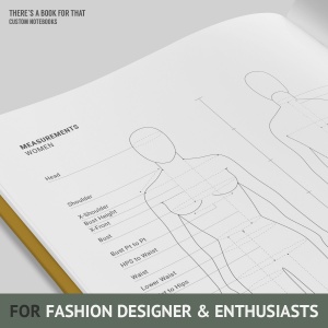 This fashiondesign notebook features female/male/kid mannequins space for notes, color and textile samples measurement charts and symbol/pattern markings.
