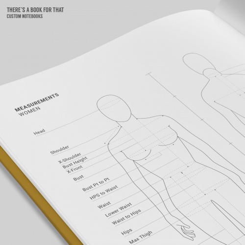 This fashion design notebook features female/male/kid mannequins space for notes, color and textile samples measurement charts and symbol/pattern markings.