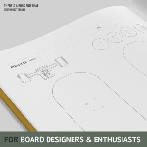 The skateboard design notebook Lord of the Boards is containing multiple setup pages to refer your designs to (street, park ,cruiser…). Multiple grids (various classic shapes) to start drawing without caring about shapes, custom guides for freeform shapes, complete technical documentation from deck 2 trucks 2 wheels 2 accessoires. You will love this notebook for board designers and enthusiasts.