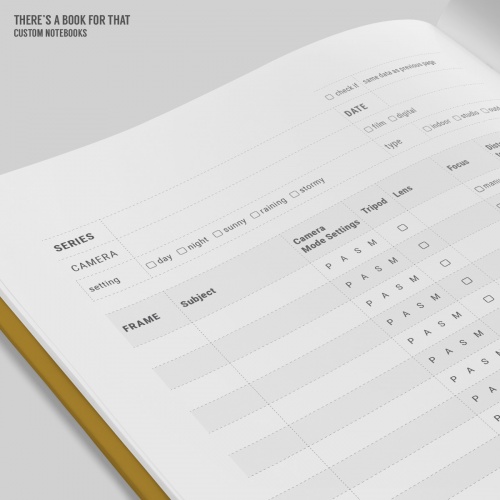 A photographers notebook including a wonderful, easy-to-fill table, from amera mode to lens, from focus to distance, ISO, exposure compensation, aperture, shutter, white balance… whatnot.