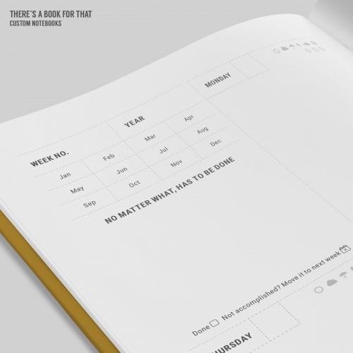 A weekly calendar in a boxed layout with sections for important things to be accomplished, enough space to hold your daily content, neat ideas to register your mood and weather conditions and a cool “no matter what” section for each week.