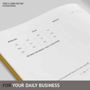 A weekly calendar in a boxed layout with sections for important things to be accomplished, enough space to hold your daily content, neat ideas to register your mood and weather conditions and a cool “no matter what” section for each week.