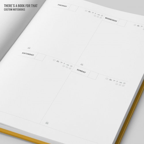 A weekly calendar in a boxed layout with sections for important things to be accomplished, enough space to hold your daily content, neat ideas to register your mood and weather conditions and a cool “no matter what” section for each week.